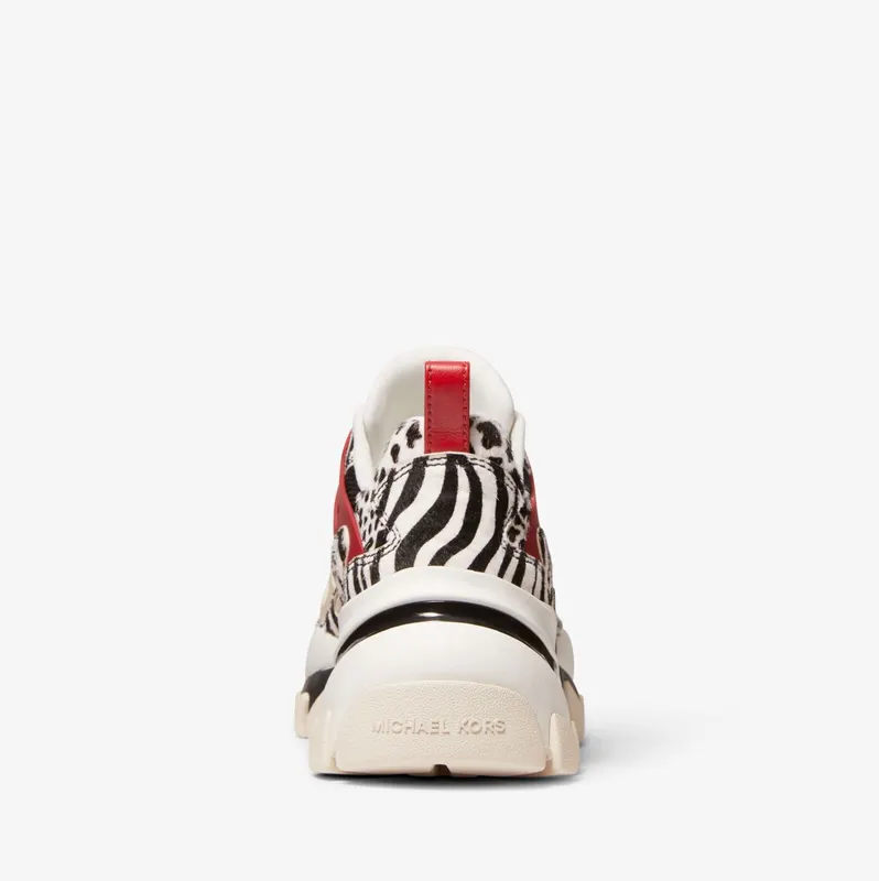 Michael Kors MK Nick Animal Print Calf Hair and Mesh Trainer – Black/crimson (43T2NIFS1H-1377)