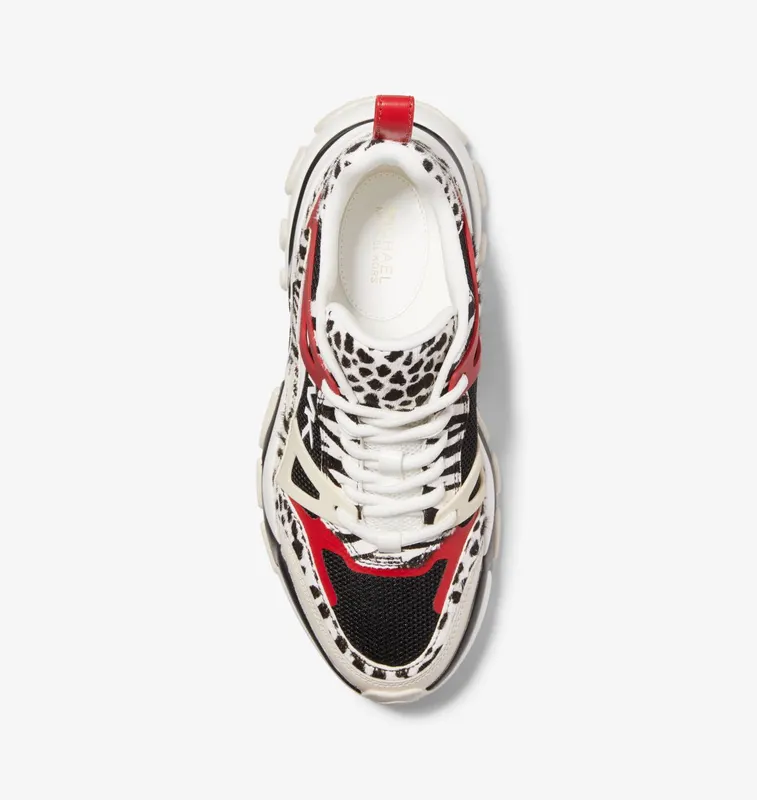 Michael Kors MK Nick Animal Print Calf Hair and Mesh Trainer – Black/crimson (43T2NIFS1H-1377)