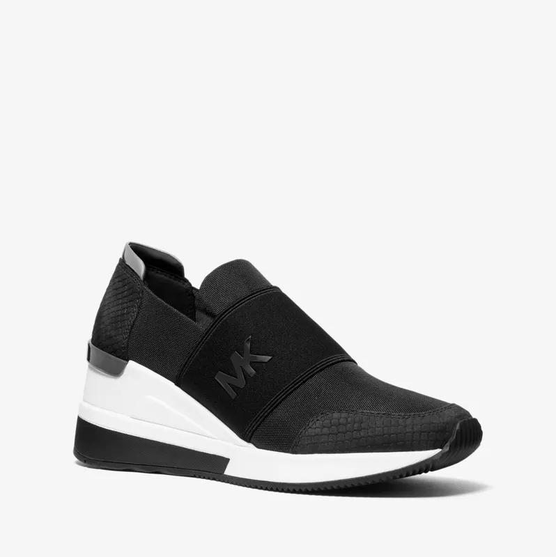 Michael Kors MK Felix Canvas and Snake-Embossed Nubuck Trainer – Black (43T9FXFS3D-0001)