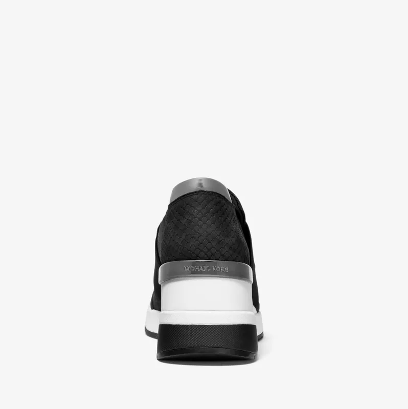 Michael Kors MK Felix Canvas and Snake-Embossed Nubuck Trainer – Black (43T9FXFS3D-0001)