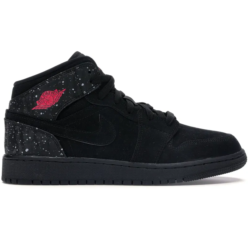 Jordan 1 Mid Black Rush Pink White Splatter (GS) (555112-001)