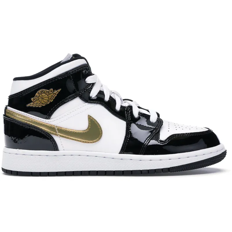 Jordan 1 Mid Patent Black White Gold (GS) (BQ6931-007)