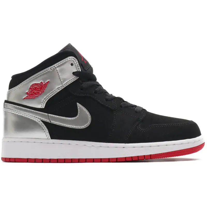 Jordan 1 Mid Black Red Silver (GS) (554725-057)