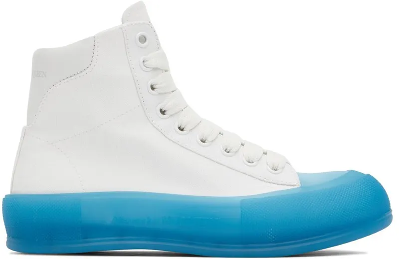 Alexander McQueen White & Blue Deck Plimsoll High-Top Sneakers (667820W4MVW)