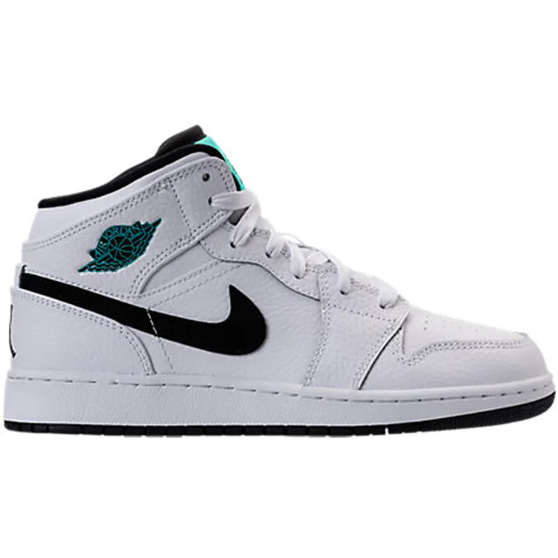 Jordan 1 Retro Mid White Black Hyper Jade (GS) (554725-122)