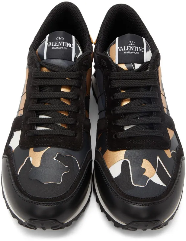 Valentino Garavani Black & Gold Camouflage Rockrunner Sneakers (WY0S0723GYE)