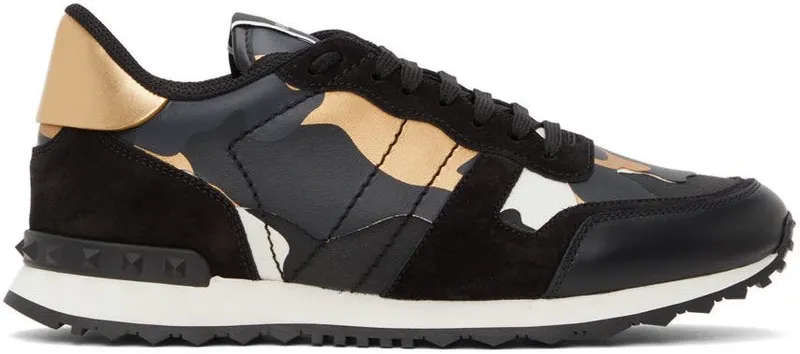 Valentino Garavani Black & Gold Camouflage Rockrunner Sneakers (WY0S0723GYE)