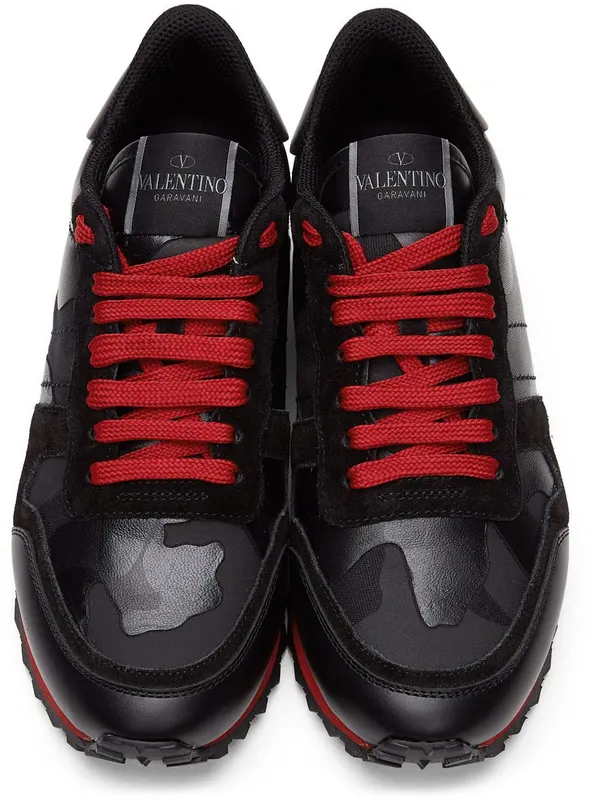 Valentino Garavani Black & Red Camo Rockrunner Sneakers (WY2S0723NSD)