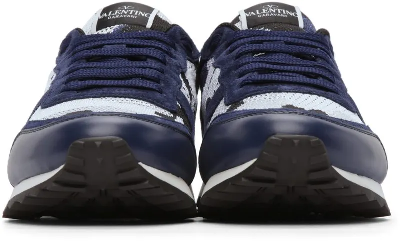 Valentino Garavani White & Navy Mesh Camouflage Rockrunner Sneakers (WY0S0723VCN)