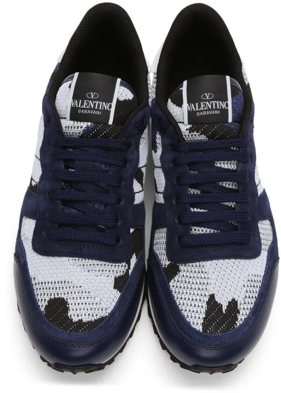 Valentino Garavani White & Navy Mesh Camouflage Rockrunner Sneakers (WY0S0723VCN)