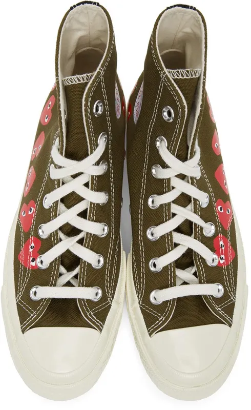 Comme des Garçons Play Khaki Converse Edition Multiple Hearts Chuck 70 High Sneakers (P1K116)