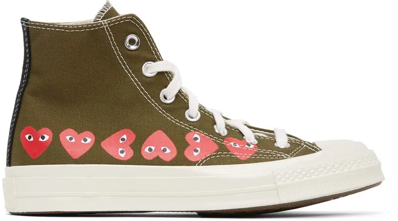 Comme des Garçons Play Khaki Converse Edition Multiple Hearts Chuck 70 High Sneakers (P1K116)
