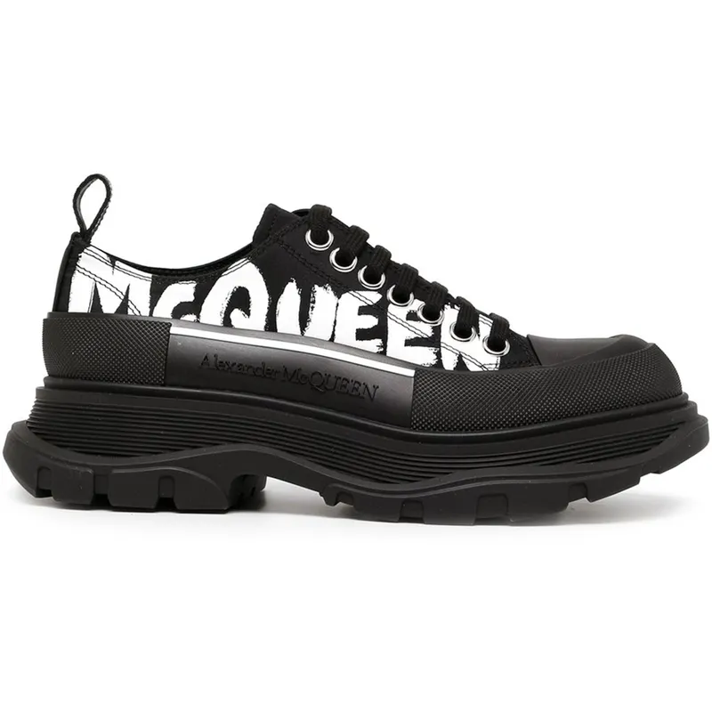 Alexander McQueen Tread Slick Low Lace Up Canvas Graffiti Black White Black (W) (676711 W4RQ2)