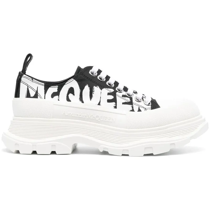 Alexander McQueen Tread Slick Low Lace Up Canvas Graffiti Black White White (W) (708753 W4RQ2)