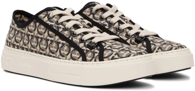 Salvatore Ferragamo Beige & Black Gancini Sneakers (706670 02B342001)