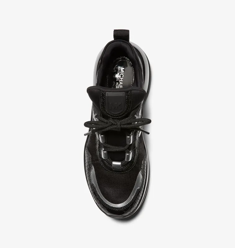 Michael Kors MK Olympia Extreme Leather and Mesh Trainer – Black (43R3OLFS2E-0001)