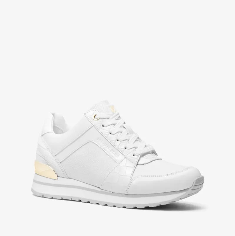 Michael Kors MK Billie Crocodile Embossed Leather and Canvas Trainer – Optic White (43S3BIFS4D-1999)
