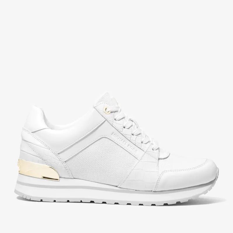 Michael Kors MK Billie Crocodile Embossed Leather and Canvas Trainer – Optic White (43S3BIFS4D-1999)