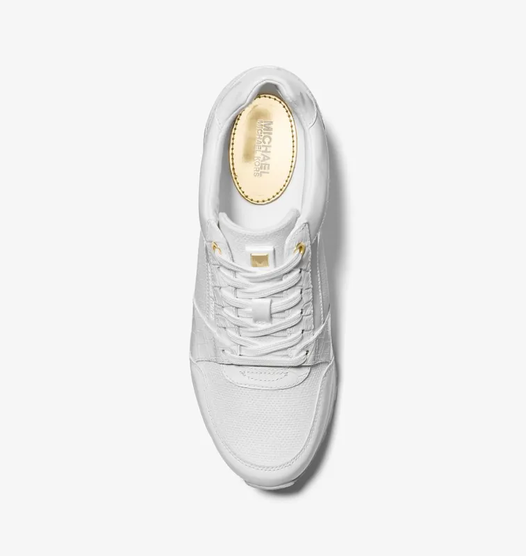 Michael Kors MK Billie Crocodile Embossed Leather and Canvas Trainer – Optic White (43S3BIFS4D-1999)