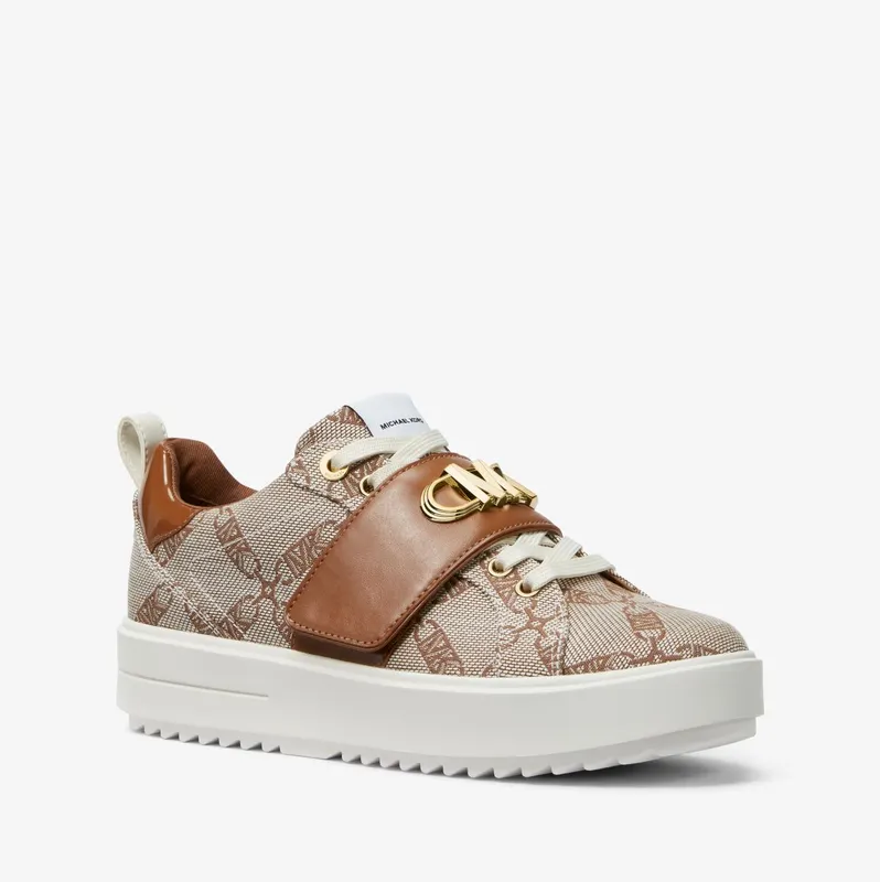 Michael Kors MK Emmett Embellished Empire Logo Jacquard Trainer – Natural/luggage (43S3EMFS1Y-1251)