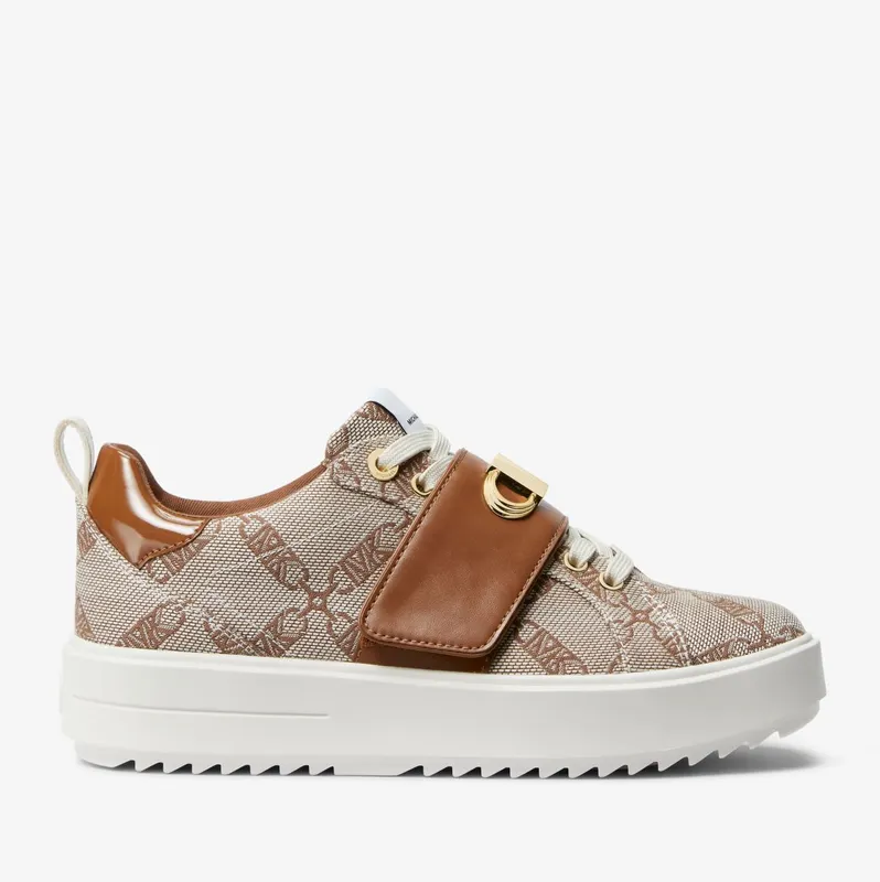 Michael Kors MK Emmett Embellished Empire Logo Jacquard Trainer – Natural/luggage (43S3EMFS1Y-1251)