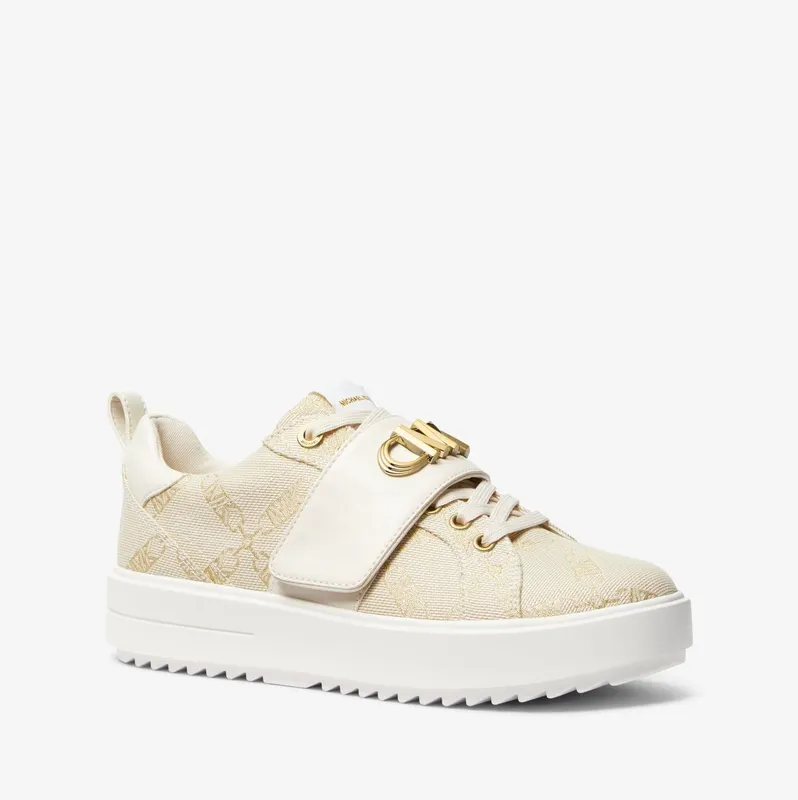 Michael Kors MK Emmett Embellished Metallic Empire Logo Jacquard Trainer – Pale Gold/natural (43S3EMFS2Y-0388)