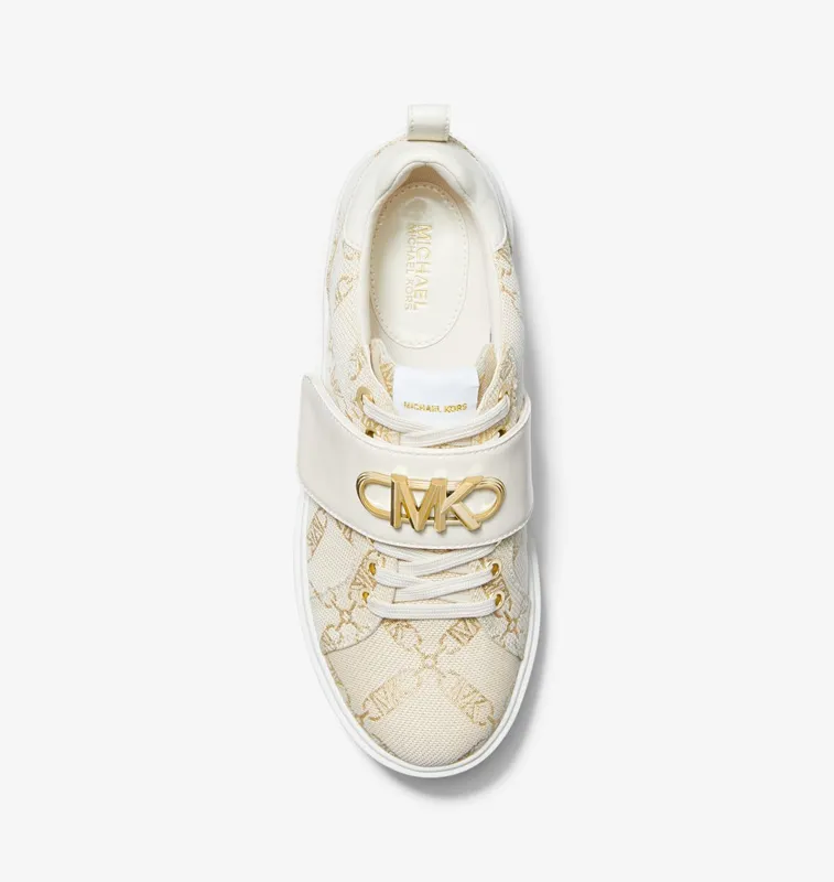 Michael Kors MK Emmett Embellished Metallic Empire Logo Jacquard Trainer – Pale Gold/natural (43S3EMFS2Y-0388)