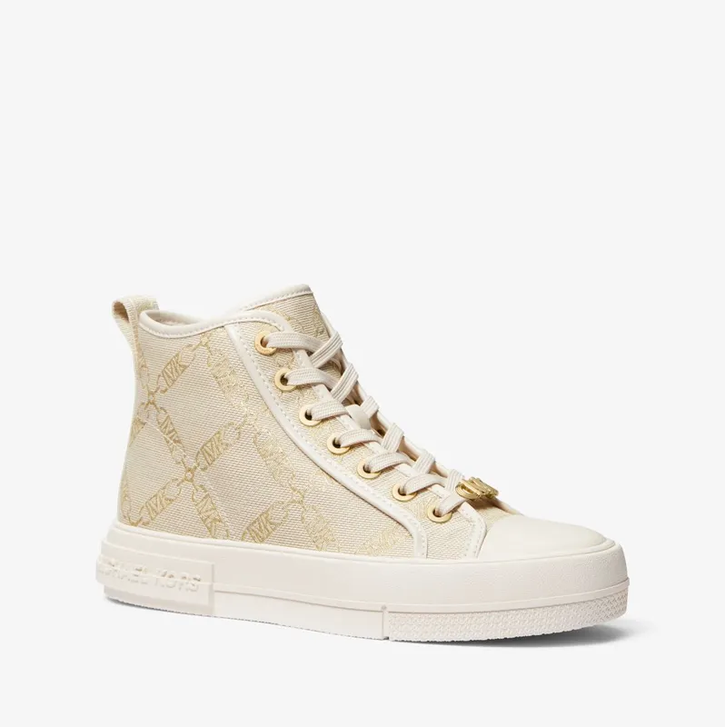 Michael Kors MK Evy Metallic Empire Logo Jacquard High-Top Trainers – Pale Gold/natural (43S3EYFE6Y-0388)