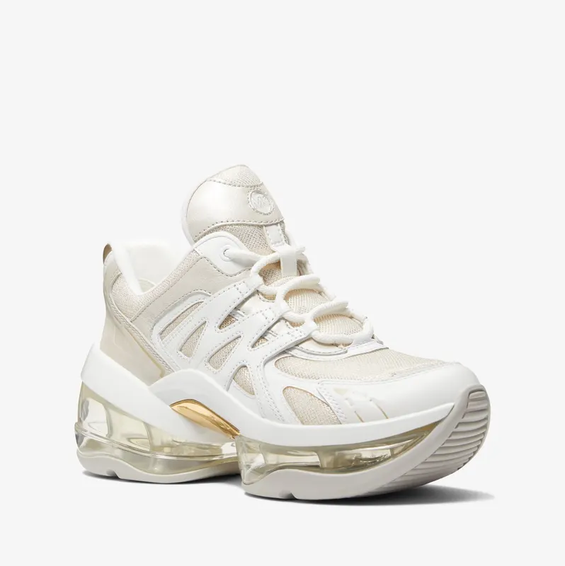 Michael Kors MK Olympia Sport Extreme Leather and Metallic Canvas Trainer – Pl Gld Multi (43S3OLFS6D-8236)