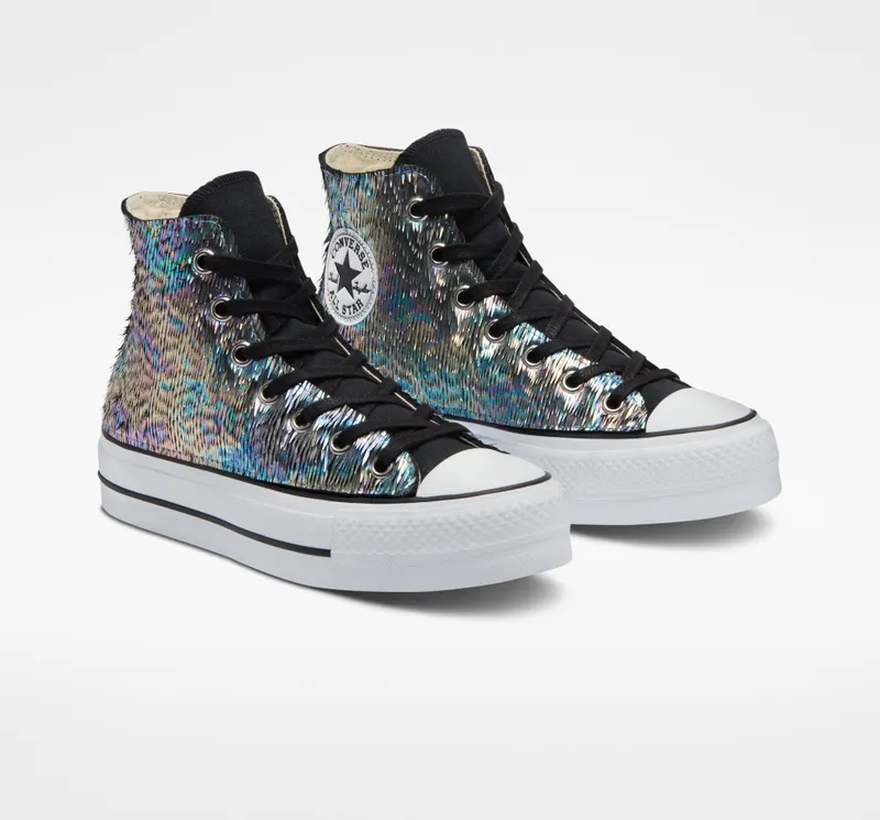 Converse Chuck Taylor All Star Lift Platform Iridescent Leer Met Schubben Met Regenboogeffect