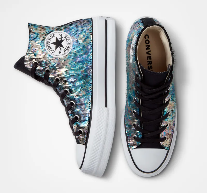 Converse Chuck Taylor All Star Lift Platform Iridescent Leer Met Schubben Met Regenboogeffect