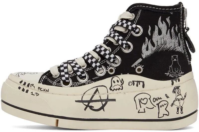 R13 Black Graffiti Double Grommet Kurt Sneakers (R13S5030-S048C)