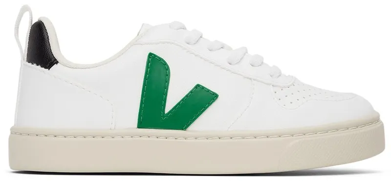 VEJA Kids White & Green Vegan V-10 Lace-Up Sneakers (CX0711928)
