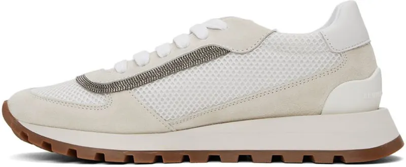 Brunello Cucinelli White & Grey Suede Monili Sneakers (MZSFG2142)
