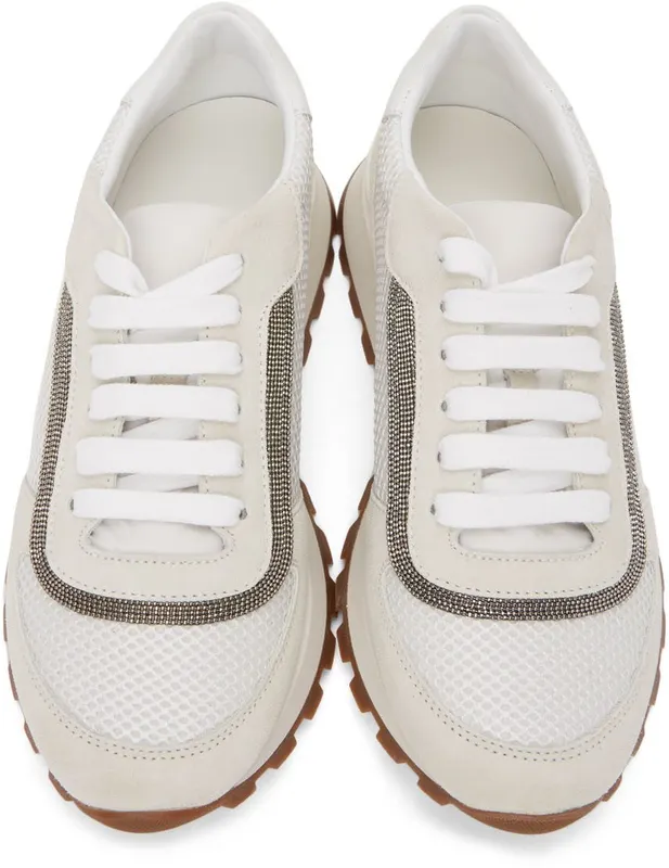 Brunello Cucinelli White & Grey Suede Monili Sneakers (MZSFG2142)