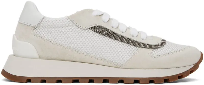 Brunello Cucinelli White & Grey Suede Monili Sneakers (MZSFG2142)