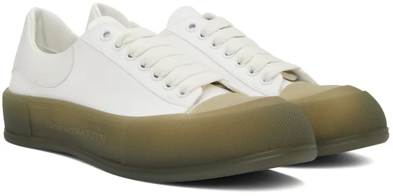 Alexander McQueen White & Khaki Deck Plimsoll Low Sneakers (667819W4MVW)