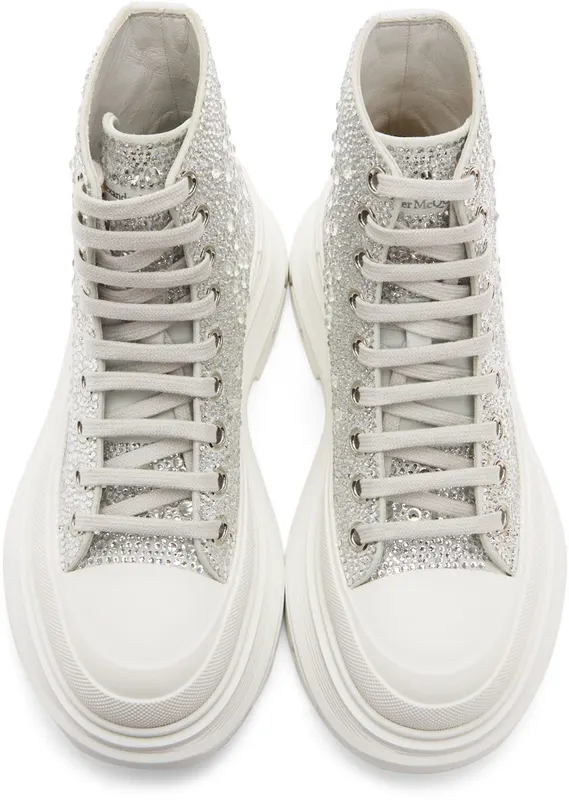 Alexander McQueen White Glitter Tread Slick Sneakers (685700WHCEJ)