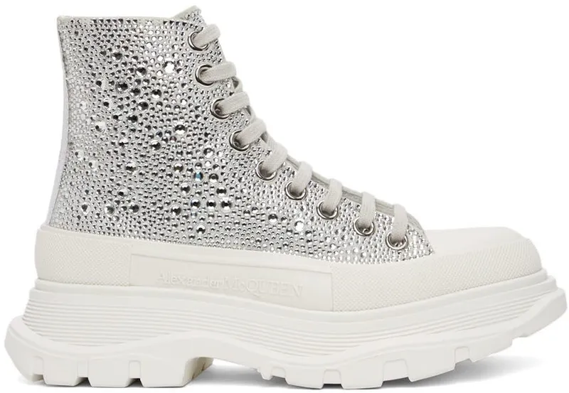 Alexander McQueen White Glitter Tread Slick Sneakers (685700WHCEJ)