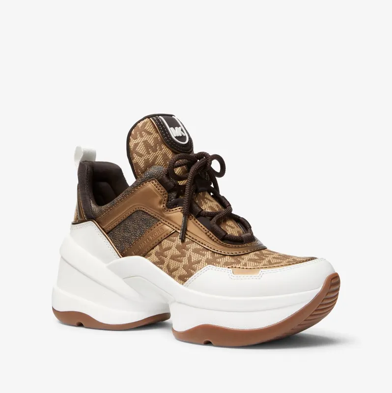 Michael Kors MK Olympia Logo Jacquard and Metallic Leather Trainer – Beige/ebony/brown (43S2OLFS5Y-1237)