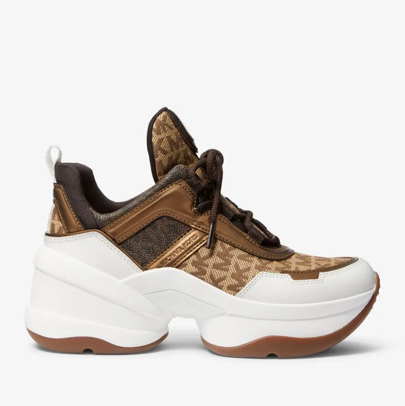 Michael Kors MK Olympia Logo Jacquard and Metallic Leather Trainer – Beige/ebony/brown (43S2OLFS5Y-1237)