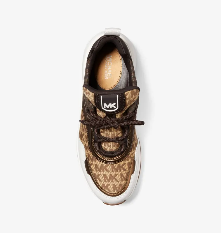 Michael Kors MK Olympia Logo Jacquard and Metallic Leather Trainer – Beige/ebony/brown (43S2OLFS5Y-1237)