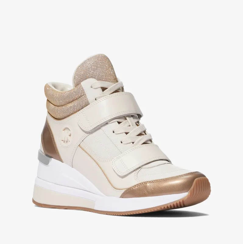 Michael Kors MK Gentry Leather and Glitter Chain Mesh High-Top Wedge Trainer – Camel Combo (43F3GYFE4D-0251)