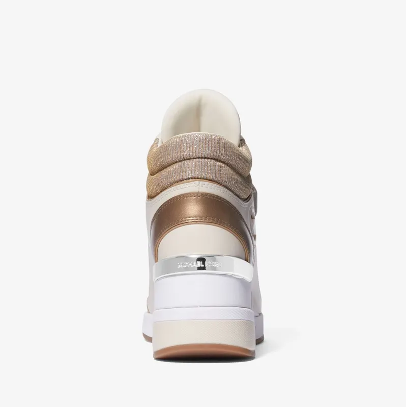 Michael Kors MK Gentry Leather and Glitter Chain Mesh High-Top Wedge Trainer – Camel Combo (43F3GYFE4D-0251)