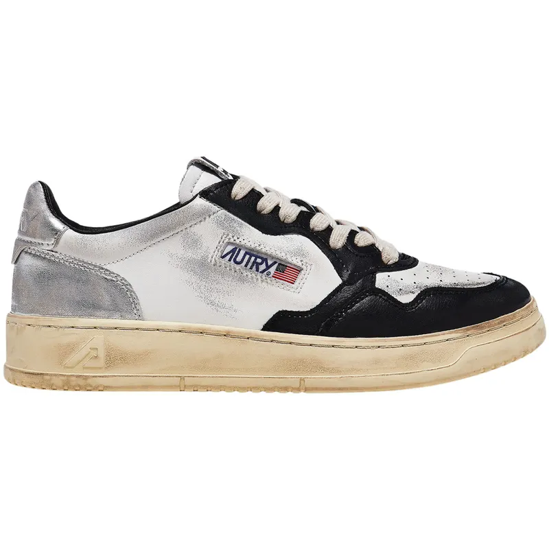 Autry Medalist Leather Low Distressed White Black Silver (AVLM-SV11)