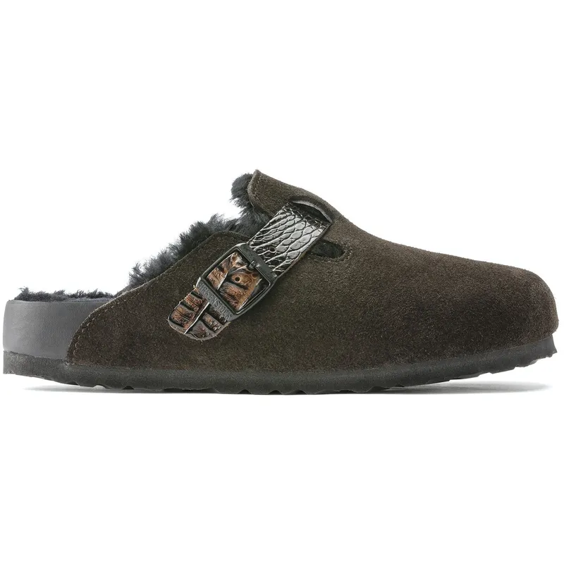 Birkenstock Boston Shearling Suede Reptile Embossed Strap Mocha Brown Black (1021094/1021100)
