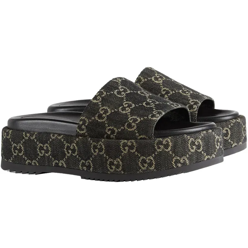 Gucci Angelina Platform 55 mm Sandal Black Jacquard Denim (623212 UN300 1289)