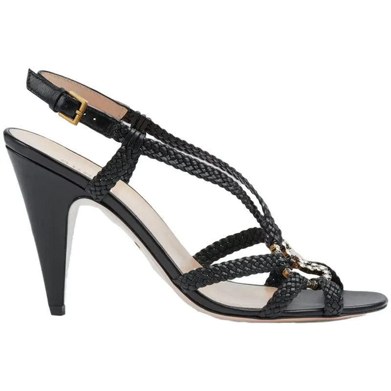 Gucci Crystal Interlocking G Heeled Sandals Black Braided Leather (739098 BKO00 1000)