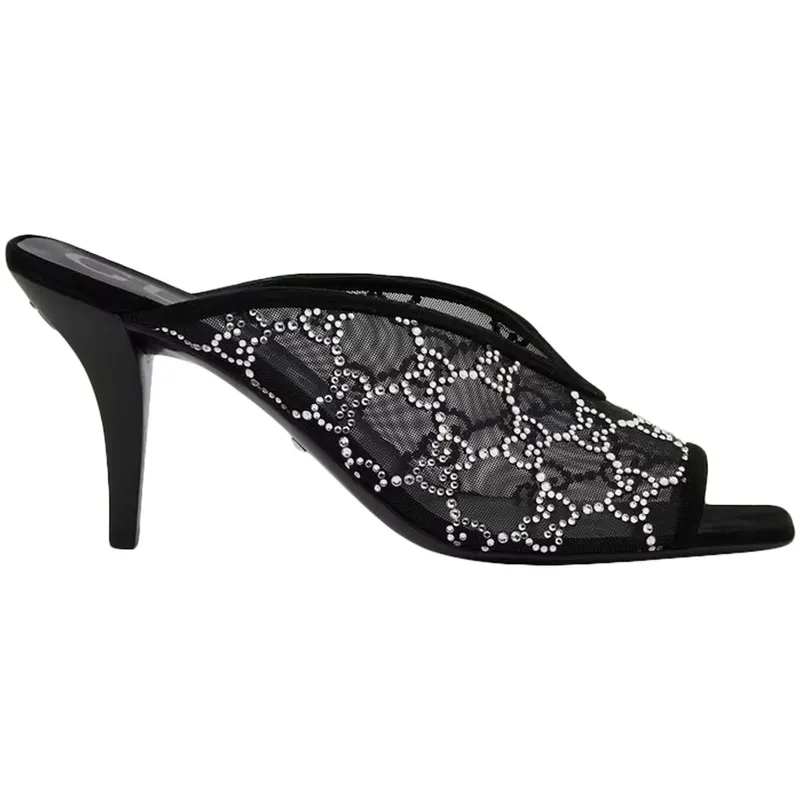 Gucci GG Crystal 75mm Heeled Sandal Black Mesh (695219 F13A0 1000)