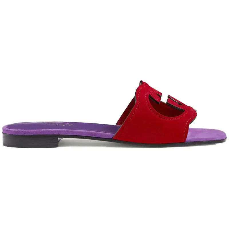 Gucci Interlocking G Cut Slide Sandal Red Purple Suede (_694451 C2000 6500)
